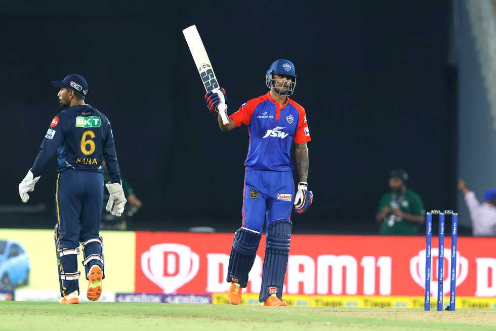 Aman Khan celebrates his steady half-century against Gujarat Titans.