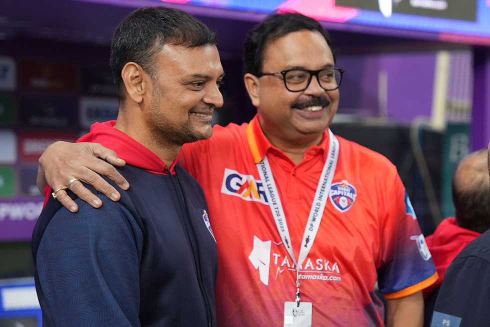  The GMR official, Sagar, with Hemang Badani, the head coach of Delhi and Dubai Capitals sides